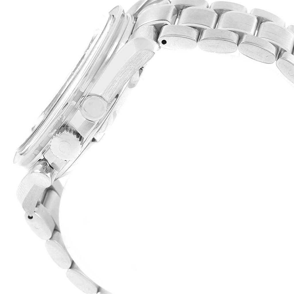 The Omega Speedmaster 3570.50.00 Men
s Stainless Steel Black Dial 3570.50.00 Men
s Stainless Steel Black Dial watch is viewed from the side, showing the case, crown, pushers, and metal bracelet.