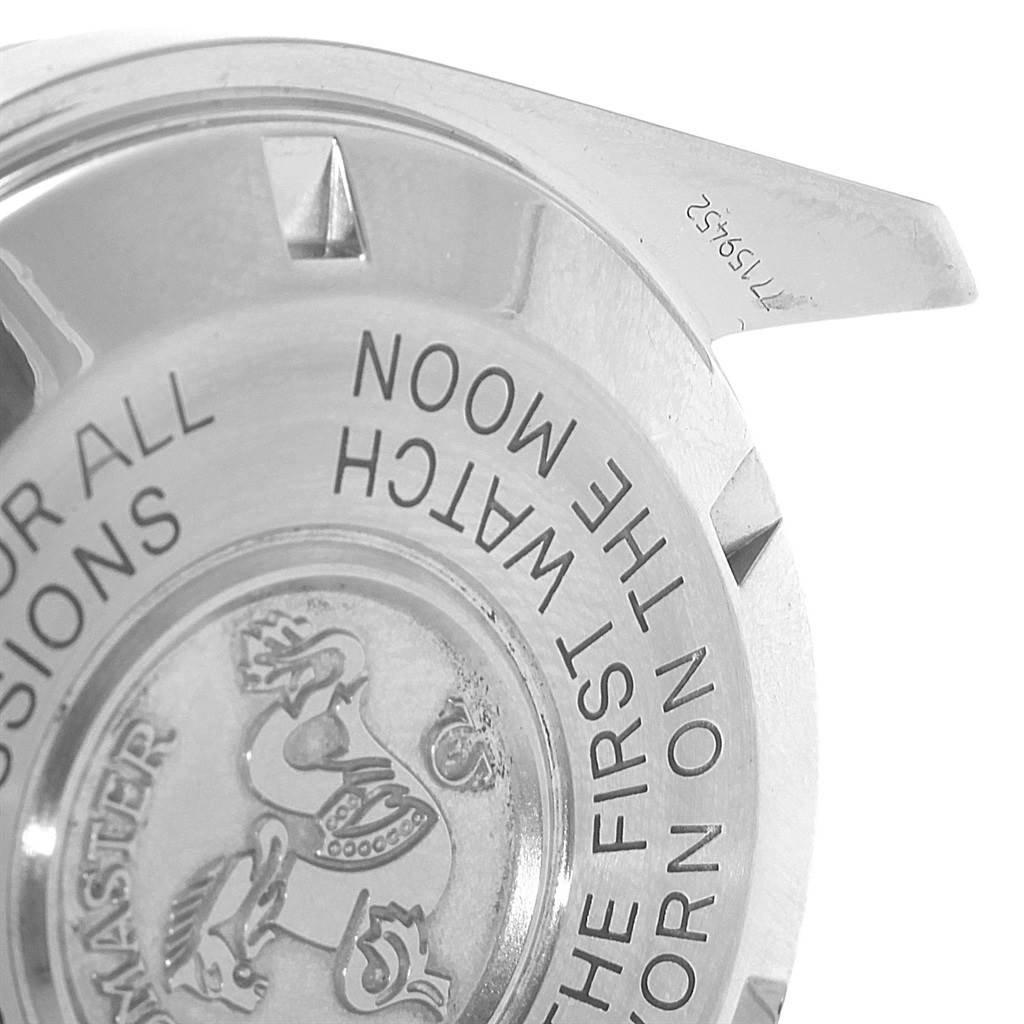 The image shows the back case of an Omega Speedmaster 3570.50.00 Men
s Stainless Steel Black Dial 3570.50.00 Men
s Stainless Steel Black Dial watch at an angled view.