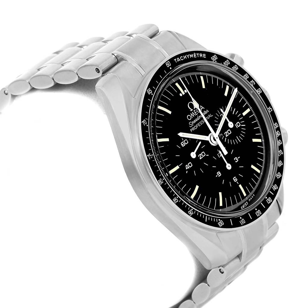 The image shows the Omega Speedmaster 3570.50.00 Men
s Stainless Steel Black Dial 3570.50.00 Men
s Stainless Steel Black Dial watch from a three-quarter, side angle, highlighting its black dial, tachymeter bezel, and stainless steel bracelet.