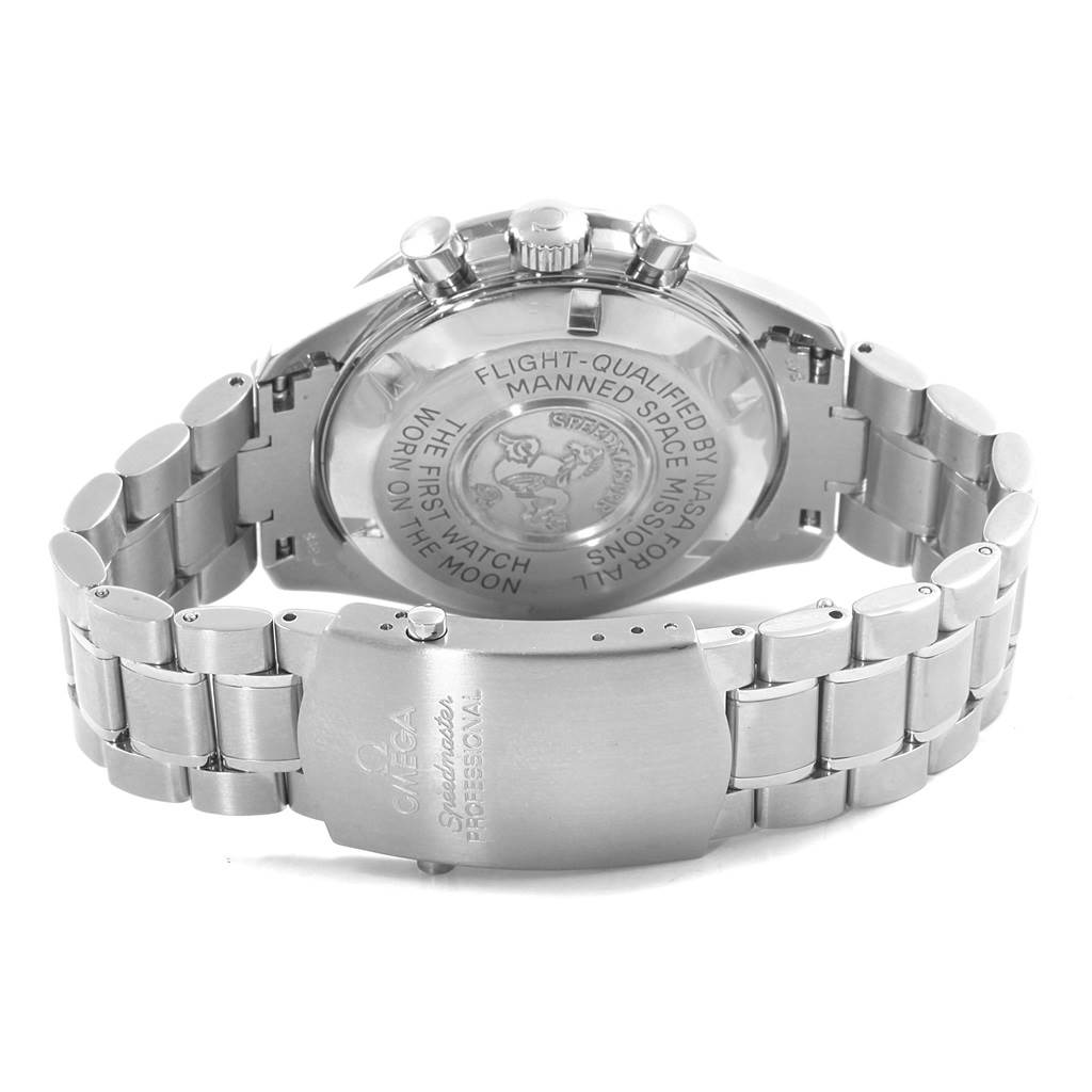 The image shows the back case and clasp of an Omega Speedmaster 3570.50.00 Men
s Stainless Steel Black Dial 3570.50.00 Men
s Stainless Steel Black Dial watch in a rear angle.