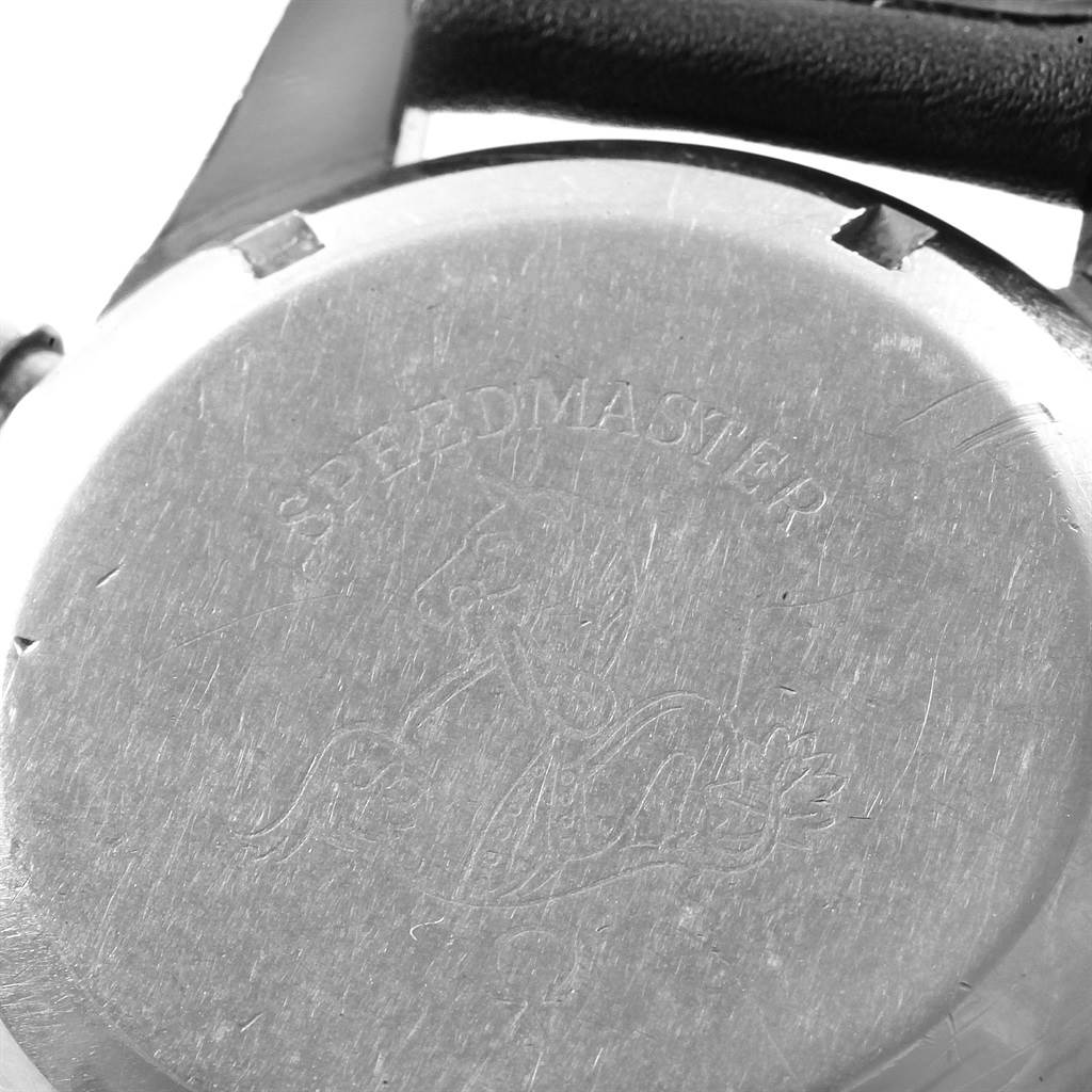 This image shows the stainless steel case back of an Omega Speedmaster 105.003-65 Men's Stainless Steel Black Dial 105.003-65 Men's Stainless Steel Black Dial watch, viewed from the rear angle.