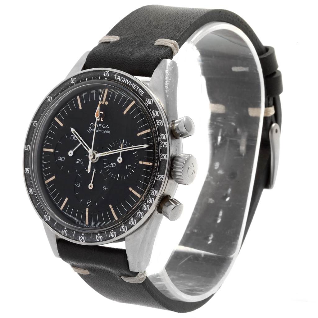 This image shows an Omega Speedmaster 105.003-65 Men's Stainless Steel Black Dial 105.003-65 Men's Stainless Steel Black Dial watch taken from a three-quarter angle, highlighting the face, crown, pushers, and strap.