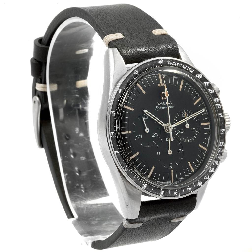 This image shows an Omega Speedmaster 105.003-65 Men's Stainless Steel Black Dial 105.003-65 Men's Stainless Steel Black Dial watch from a front angle, highlighting the black dial, bezel, and leather strap.