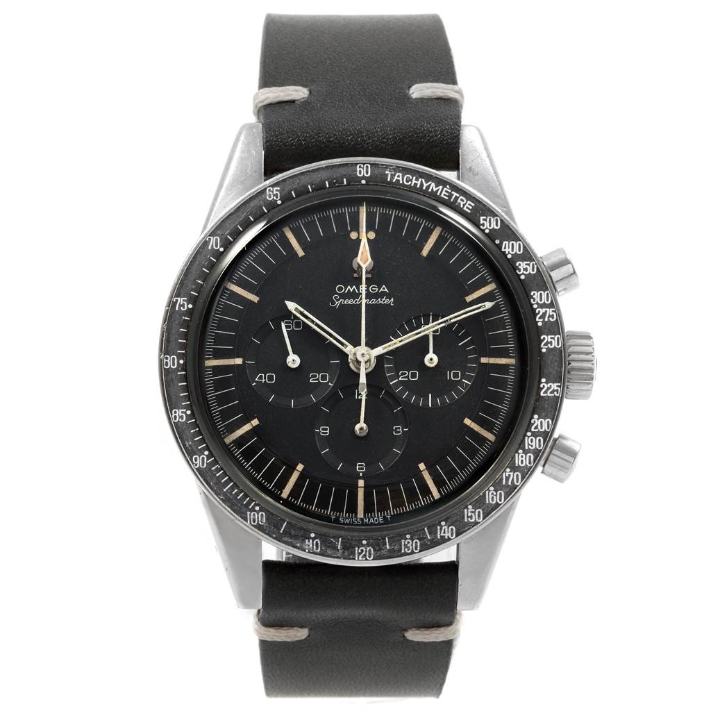The Omega Speedmaster 105.003-65 Men's Stainless Steel Black Dial 105.003-65 Men's Stainless Steel Black Dial watch is shown from a front angle, displaying the face, bezel, and strap.