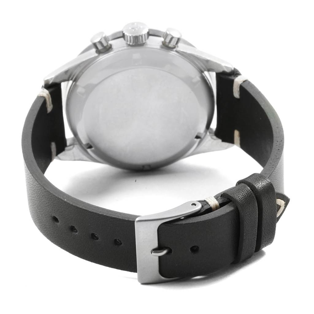 This image shows the back view of an Omega Speedmaster 105.003-65 Men's Stainless Steel Black Dial 105.003-65 Men's Stainless Steel Black Dial watch with its caseback, crown, pushers, and leather strap with buckle visible.