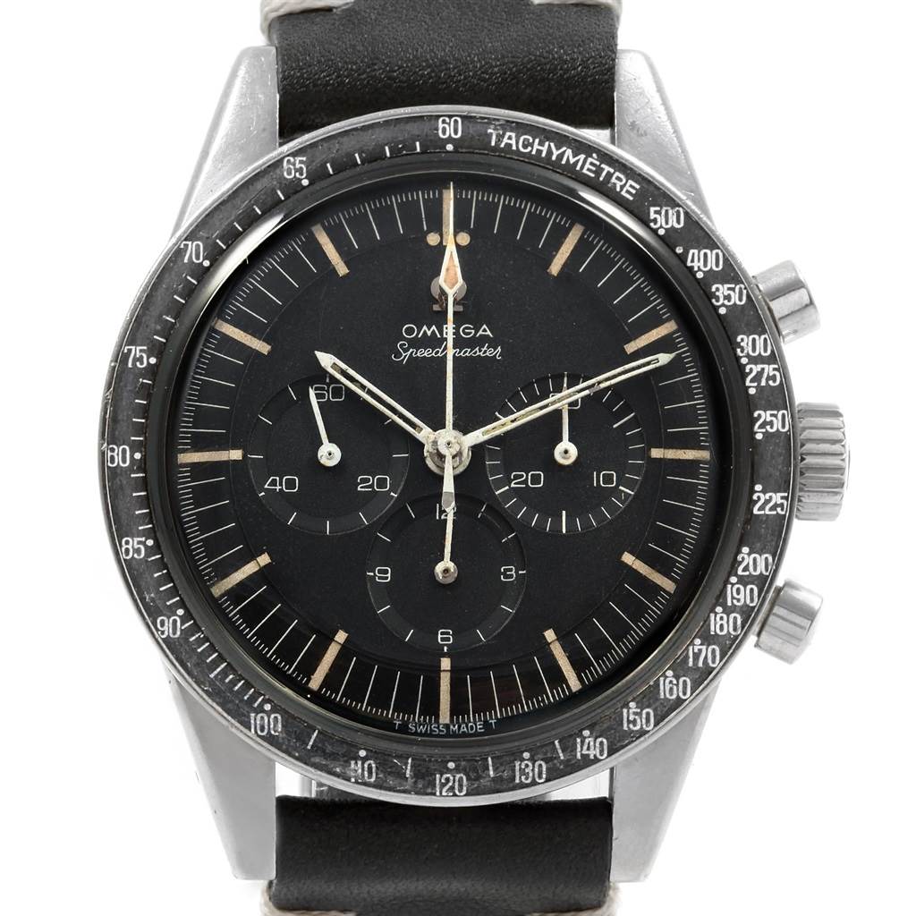 This Omega Speedmaster 105.003-65 Men's Stainless Steel Black Dial 105.003-65 Men's Stainless Steel Black Dial watch is shown from a frontal angle, highlighting the dial, bezel, and pushers.