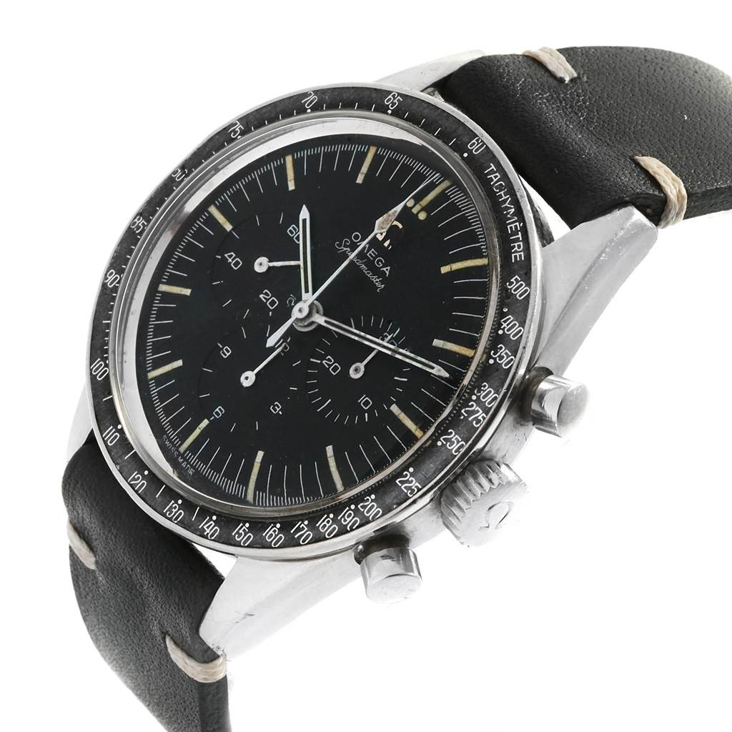 The Omega Speedmaster 105.003-64 Men
s Stainless Steel Black Dial 105.003-64 Men
s Stainless Steel Black Dial watch is shown at an angled front view, displaying the face, bezel, crown, and strap.