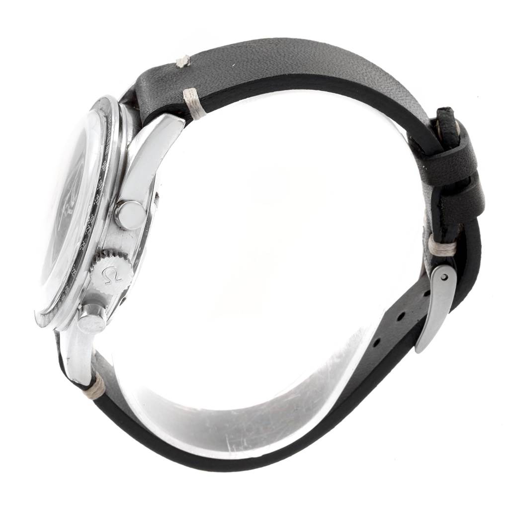 The image shows a side profile view of an Omega Speedmaster 105.003-64 Men
s Stainless Steel Black Dial 105.003-64 Men
s Stainless Steel Black Dial watch, focusing on the watch case, crown, buttons, and leather strap.