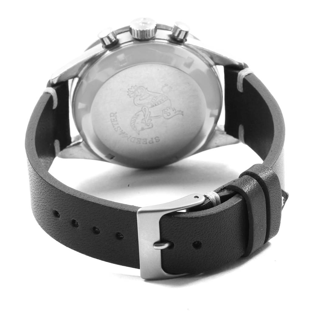 The Omega Speedmaster 105.003-64 Men
s Stainless Steel Black Dial 105.003-64 Men
s Stainless Steel Black Dial watch is shown from the back, highlighting the case back, lugs, crown, pushers, and the leather strap.