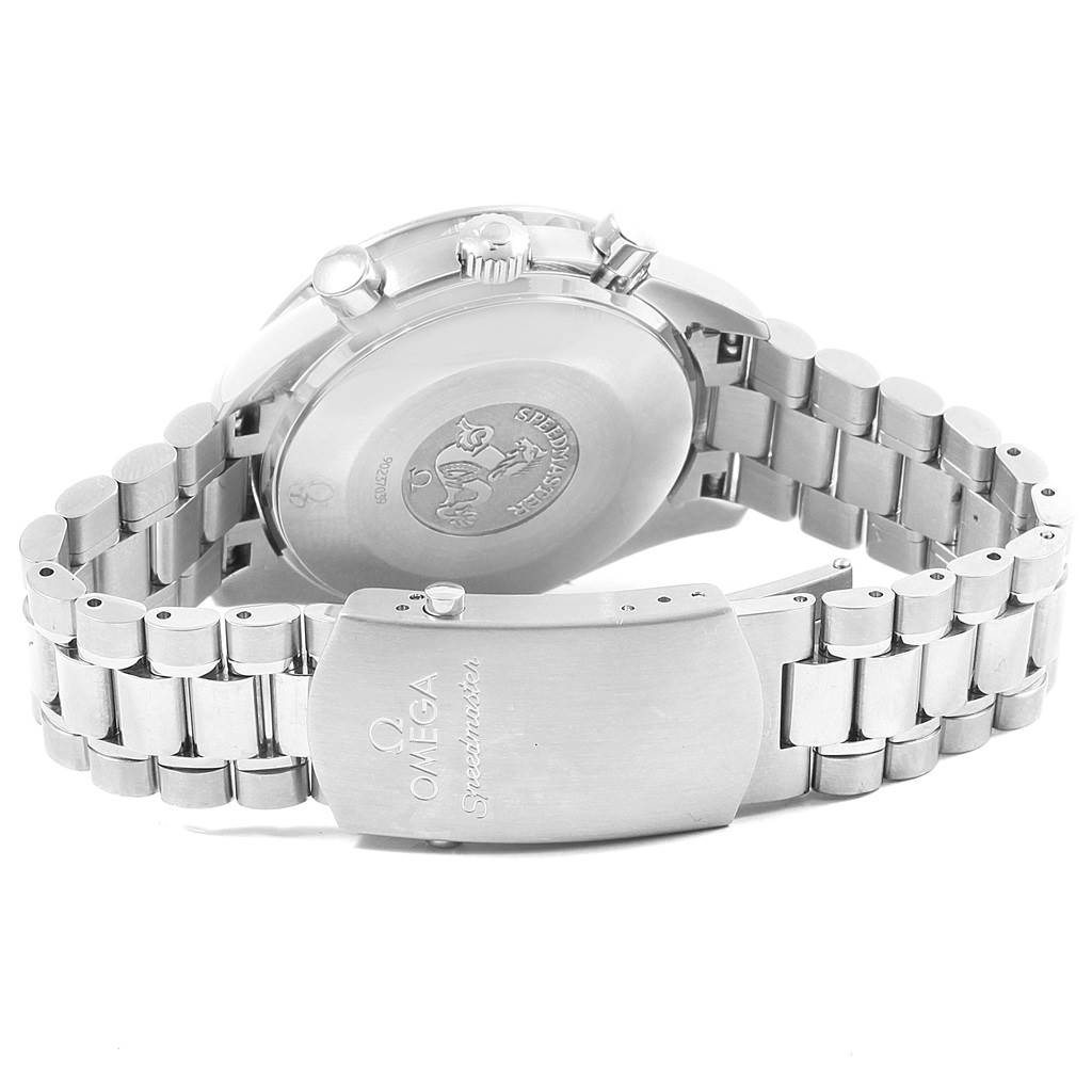 The image shows a rear view of an Omega Speedmaster 3539.50.00 Men
s Stainless Steel Black Dial 3539.50.00 Men
s Stainless Steel Black Dial watch, highlighting the case back, crown, and stainless steel bracelet.