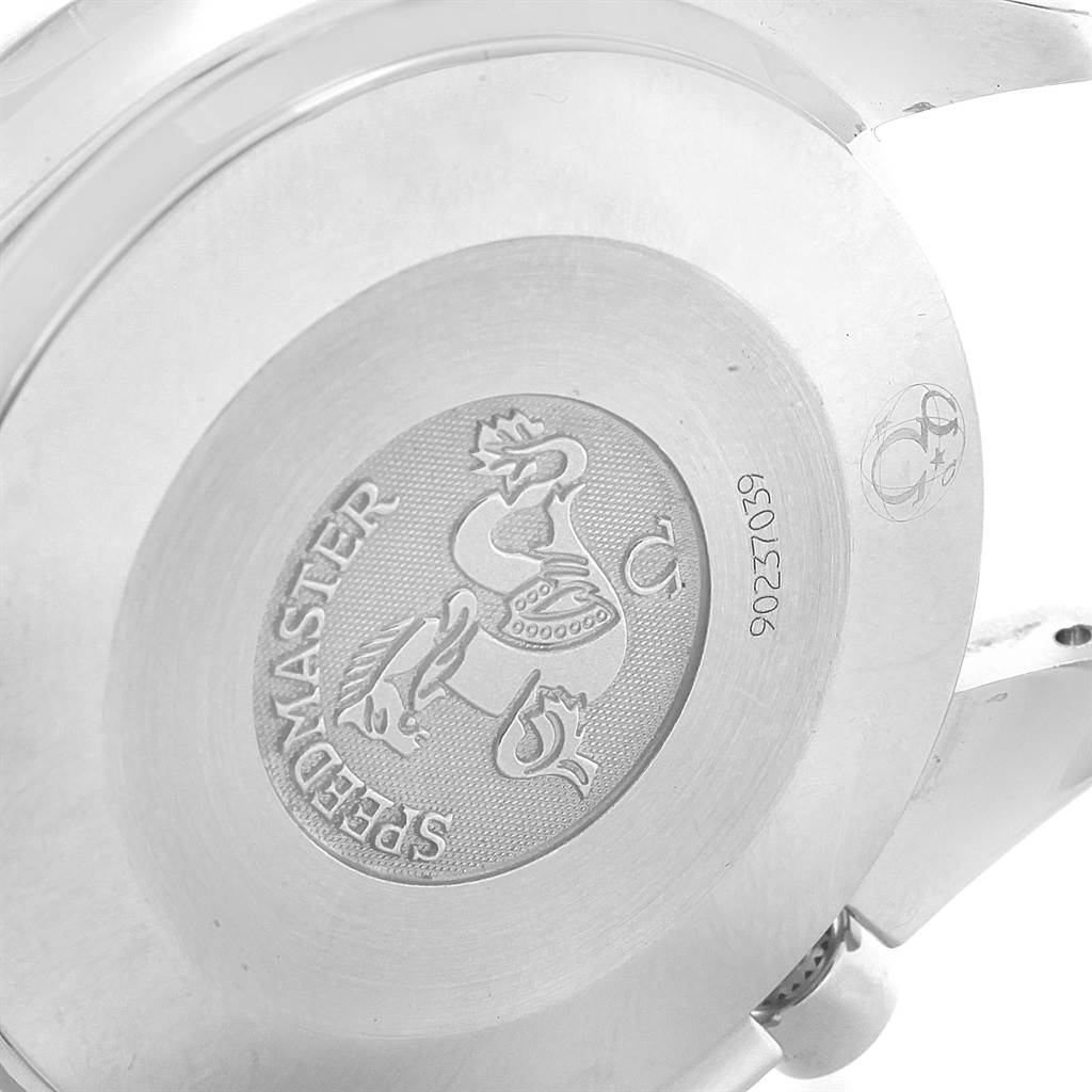 This image shows the back case of the Omega Speedmaster 3539.50.00 Men
s Stainless Steel Black Dial 3539.50.00 Men
s Stainless Steel Black Dial watch, featuring the engraved branding and logo.