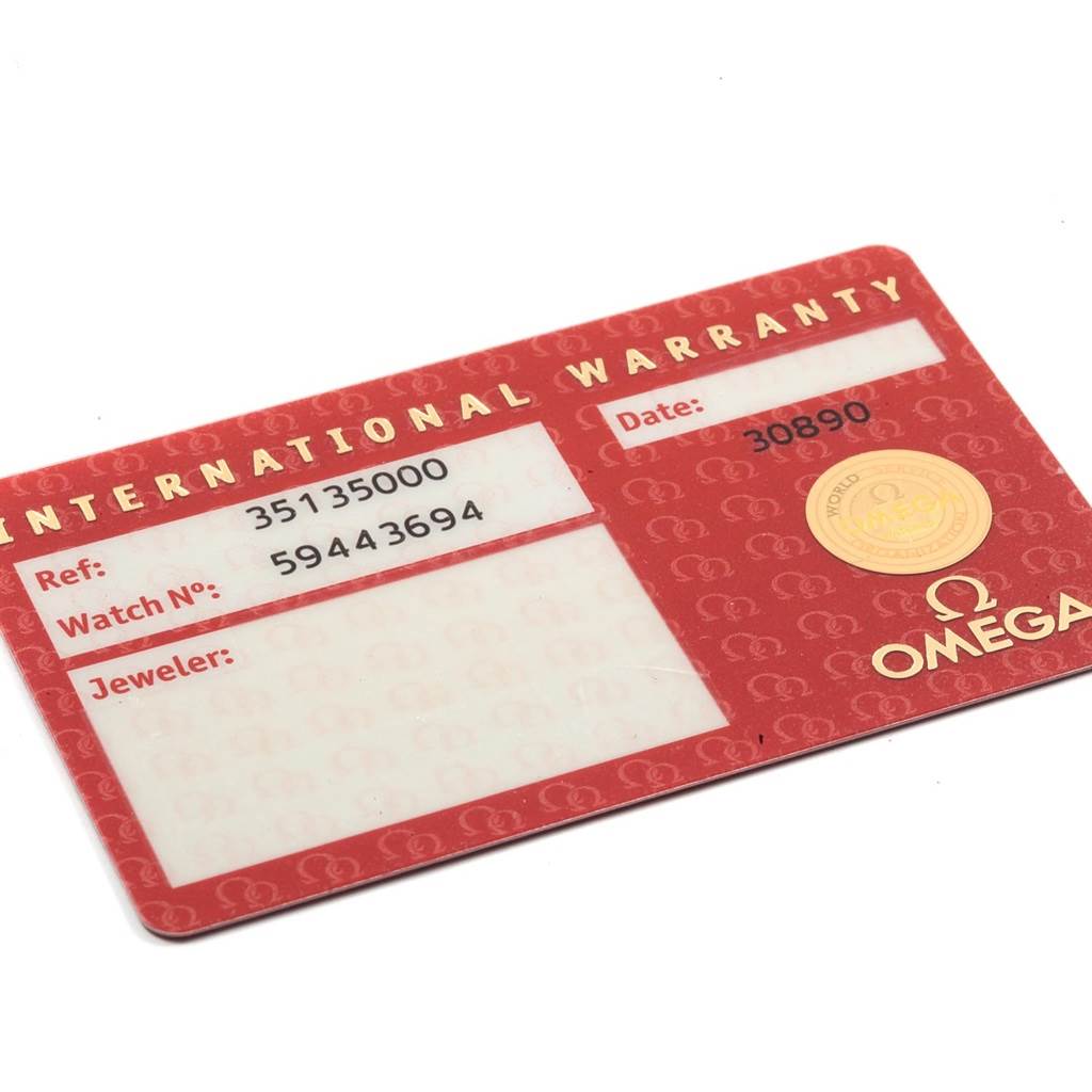 This is an Omega Speedmaster 3513.50.00 Men
s Stainless Steel Black Dial 3513.50.00 Men
s Stainless Steel Black Dial international warranty card shown from a top-down angle.