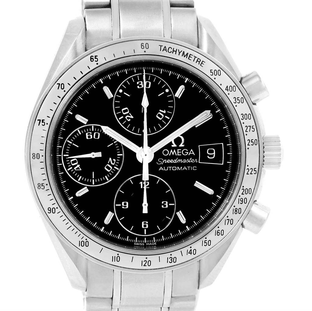 The image shows a front view of the Omega Speedmaster 3513.50.00 Men
s Stainless Steel Black Dial 3513.50.00 Men
s Stainless Steel Black Dial Automatic watch, highlighting its dial, subdials, date window, and tachymeter bezel.