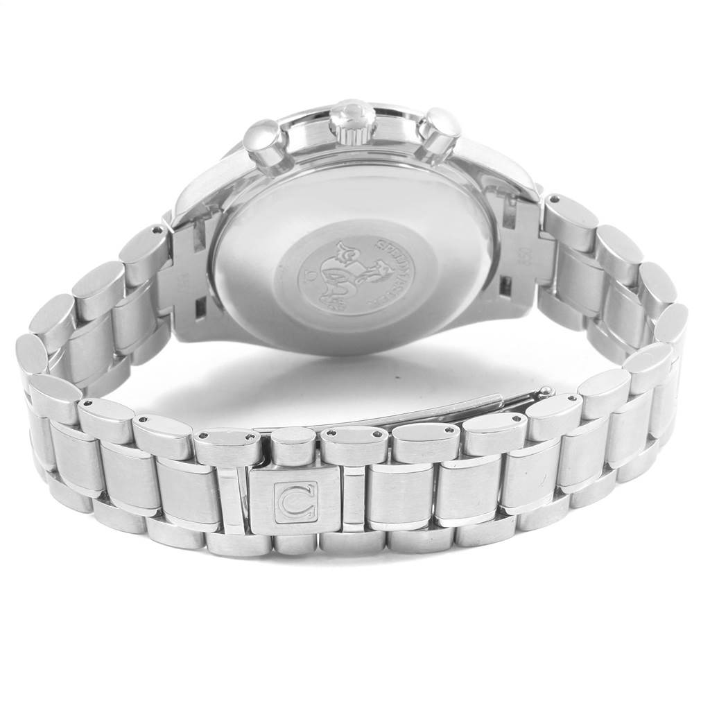 The image shows the back and bracelet of an Omega Speedmaster 3513.50.00 Men
s Stainless Steel Black Dial 3513.50.00 Men
s Stainless Steel Black Dial watch, viewed from a rear angle.