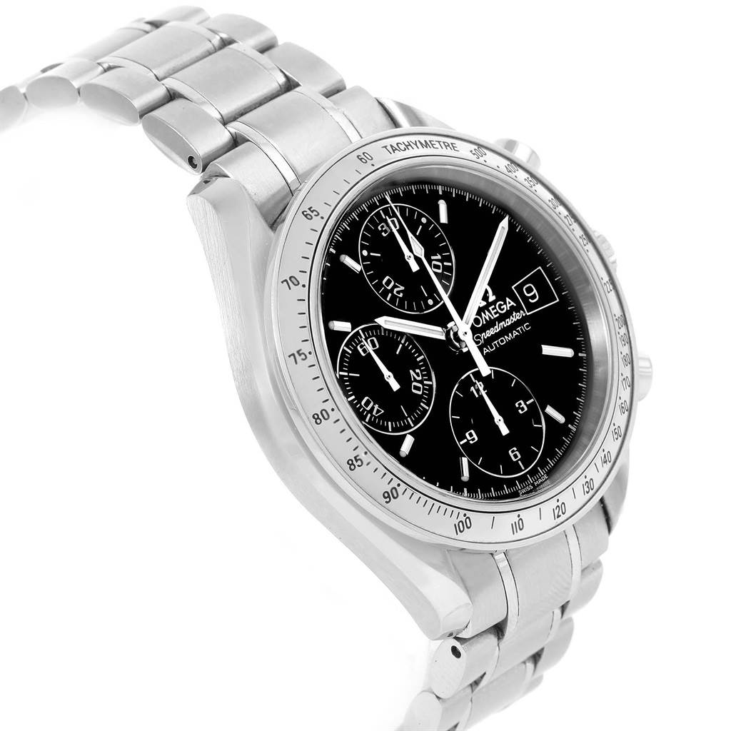 The image shows an angled view of the dial, bezel, case, and bracelet of the Omega Speedmaster 3513.50.00 Men
s Stainless Steel Black Dial 3513.50.00 Men
s Stainless Steel Black Dial watch.