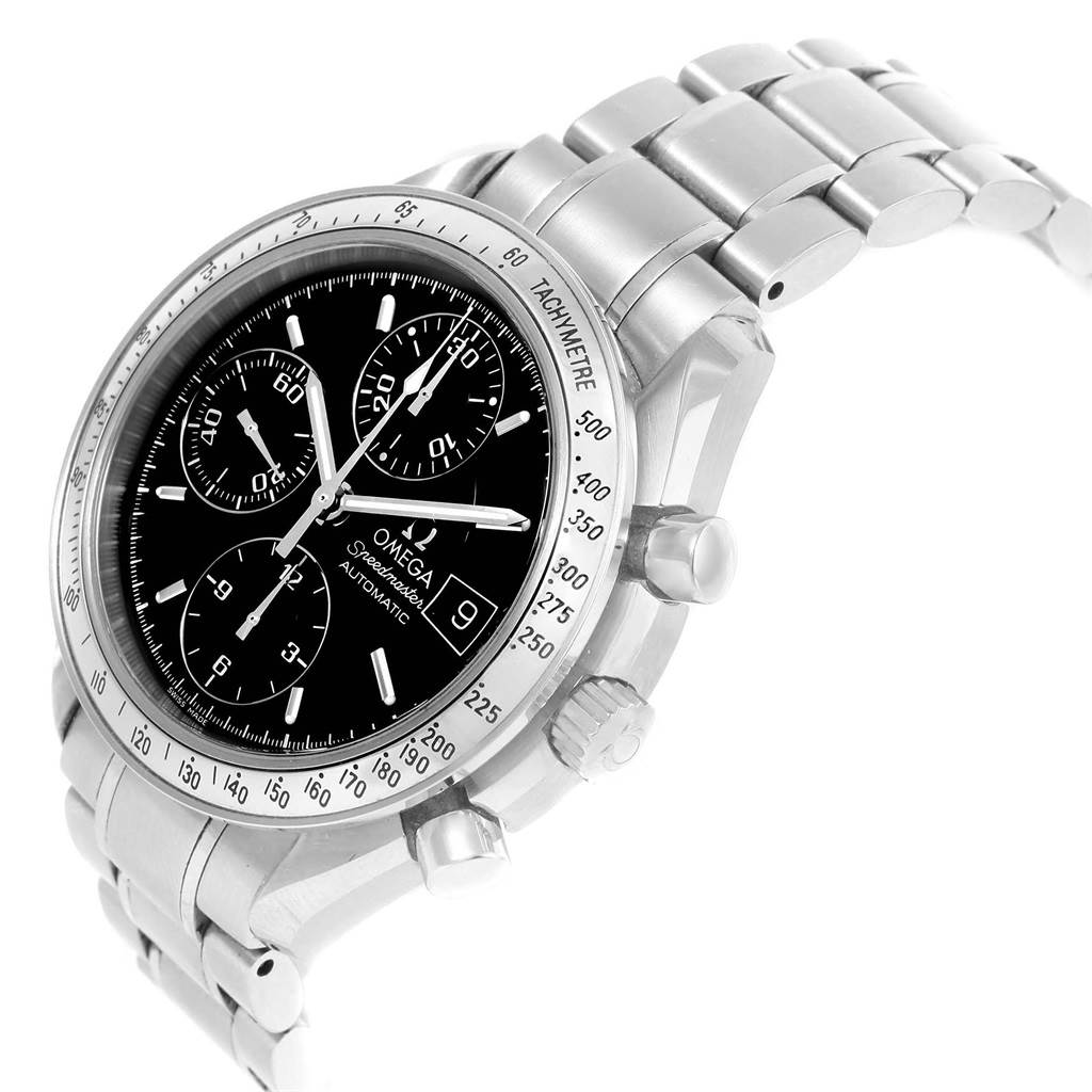 The image shows a side angle of an Omega Speedmaster 3513.50.00 Men
s Stainless Steel Black Dial 3513.50.00 Men
s Stainless Steel Black Dial watch, highlighting its black dial, chronograph subdials, and stainless steel bracelet.