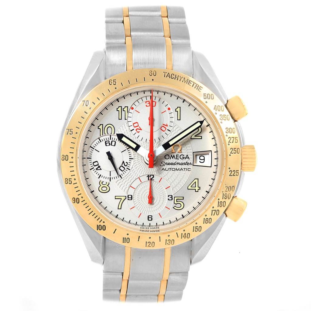 The Omega Speedmaster 3313.33.00 Men's Steel and Gold (two tone) White Dial 3313.33.00 Men's Steel and Gold (two tone) White Dial watch is shown from the front, displaying its face, bezel, and parts of the bracelet.