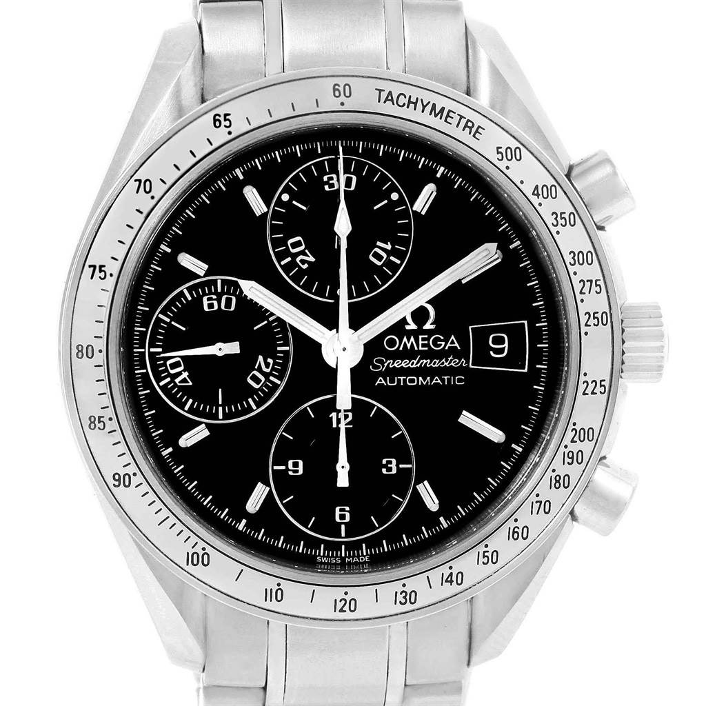 The image shows a frontal view of an Omega Speedmaster 3513.50.00 Men
s Stainless Steel Black Dial 3513.50.00 Men
s Stainless Steel Black Dial watch, highlighting its dial, subdials, tachymeter bezel, and date window.