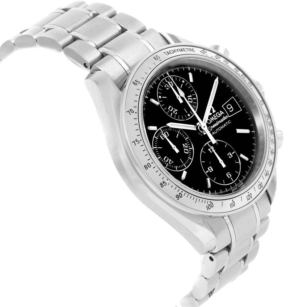 The Omega Speedmaster 3513.50.00 Men
s Stainless Steel Black Dial 3513.50.00 Men
s Stainless Steel Black Dial watch is shown from an angled profile, displaying its stainless steel bracelet, bezel, and black dial.