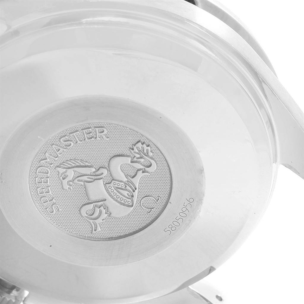 The image shows the case back of the Omega Speedmaster 3513.50.00 Men
s Stainless Steel Black Dial 3513.50.00 Men
s Stainless Steel Black Dial, highlighting the engraved logo and text.
