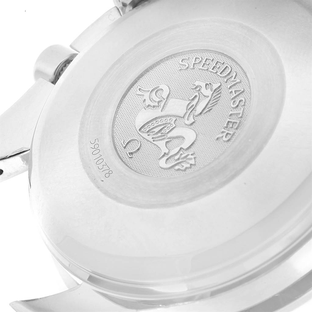 Overhead close-up of the Omega Speedmaster 3513.50.00 Men
s Stainless Steel Black Dial 3513.50.00 Men
s Stainless Steel Black Dial case back, showcasing the logo and engravings.