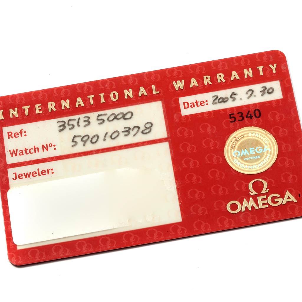 This image shows an Omega Speedmaster 3513.50.00 Men
s Stainless Steel Black Dial 3513.50.00 Men
s Stainless Steel Black Dial International Warranty card, with reference and watch numbers, date, and Omega logo visible.
