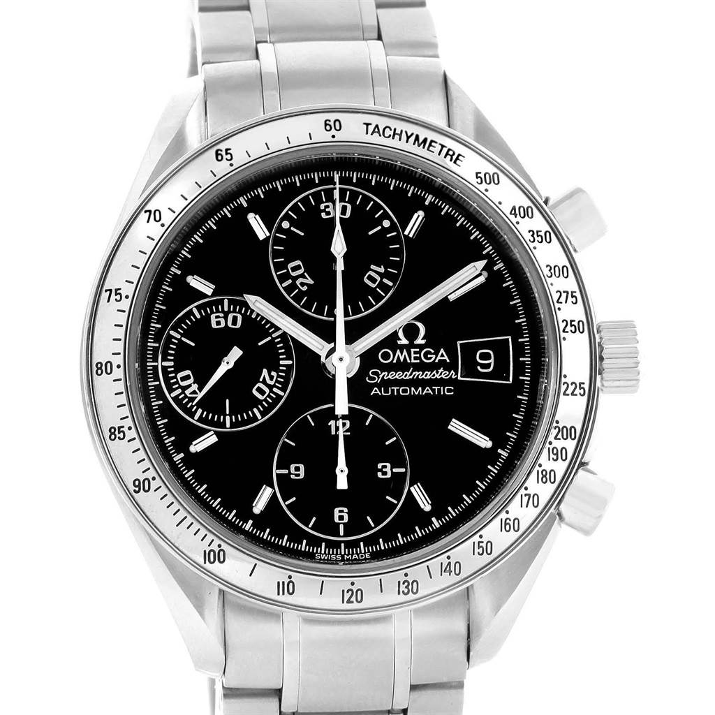This image shows a front view of an Omega Speedmaster 3513.50.00 Men
s Stainless Steel Black Dial 3513.50.00 Men
s Stainless Steel Black Dial watch, highlighting its black dial, subdials, date window, and tachymeter bezel.