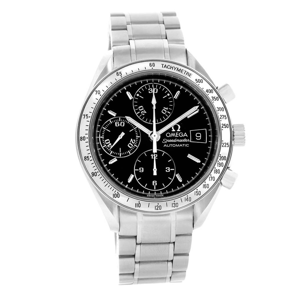 The image shows a front view of the Omega Speedmaster 3513.50.00 Men
s Stainless Steel Black Dial 3513.50.00 Men
s Stainless Steel Black Dial watch, highlighting its black dial, stainless steel bracelet, and tachymeter bezel.