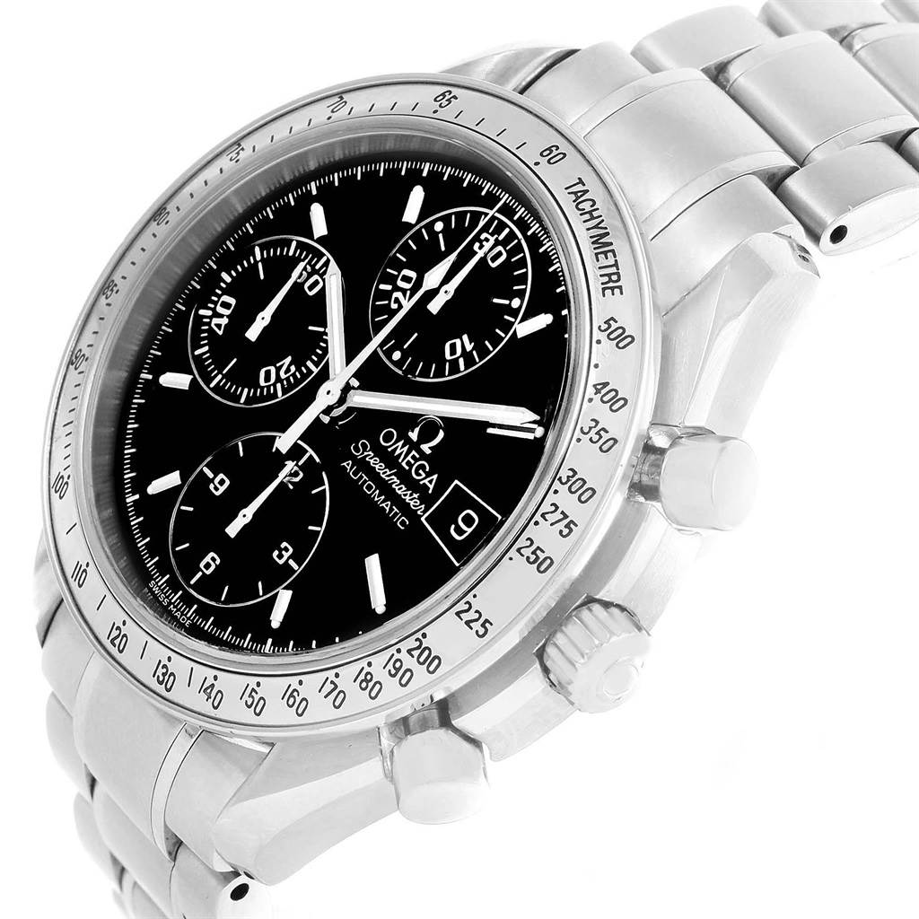 The Omega Speedmaster 3513.50.00 Men
s Stainless Steel Black Dial 3513.50.00 Men
s Stainless Steel Black Dial is shown at an angled side view, highlighting its bezel, tachymetre, chronograph dials, and bracelet.