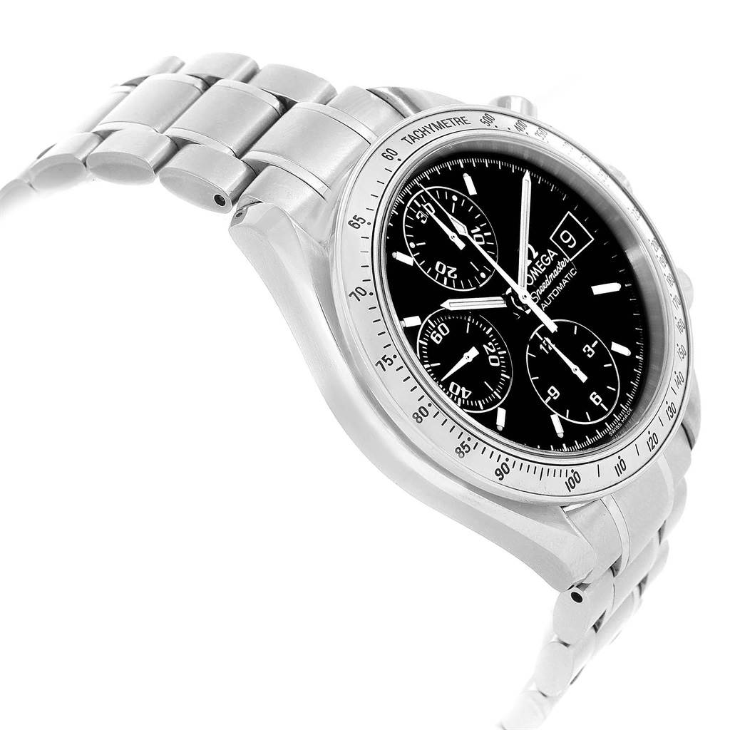 The image shows a side angle of an Omega Speedmaster 3513.50.00 Men
s Stainless Steel Black Dial 3513.50.00 Men
s Stainless Steel Black Dial watch, highlighting its face, tachymeter bezel, and metal bracelet.