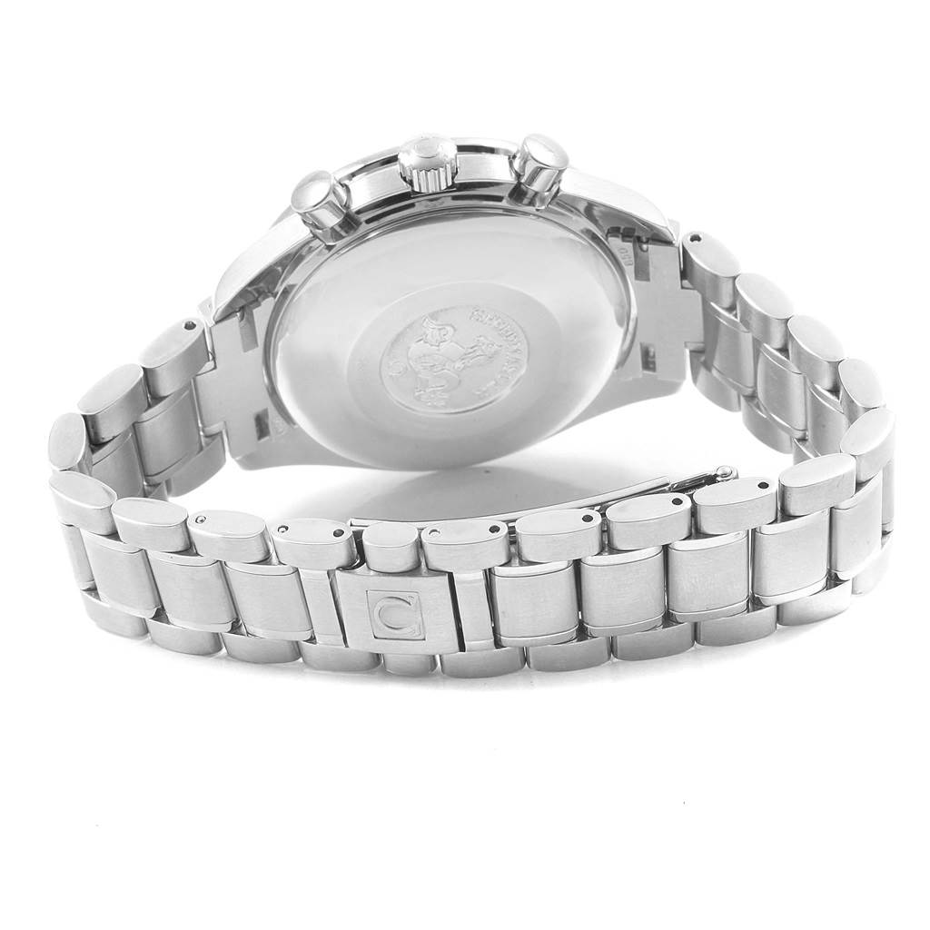 This image shows the back case and bracelet of an Omega Speedmaster 3513.50.00 Men
s Stainless Steel Black Dial 3513.50.00 Men
s Stainless Steel Black Dial watch, highlighting the clasp and crown.