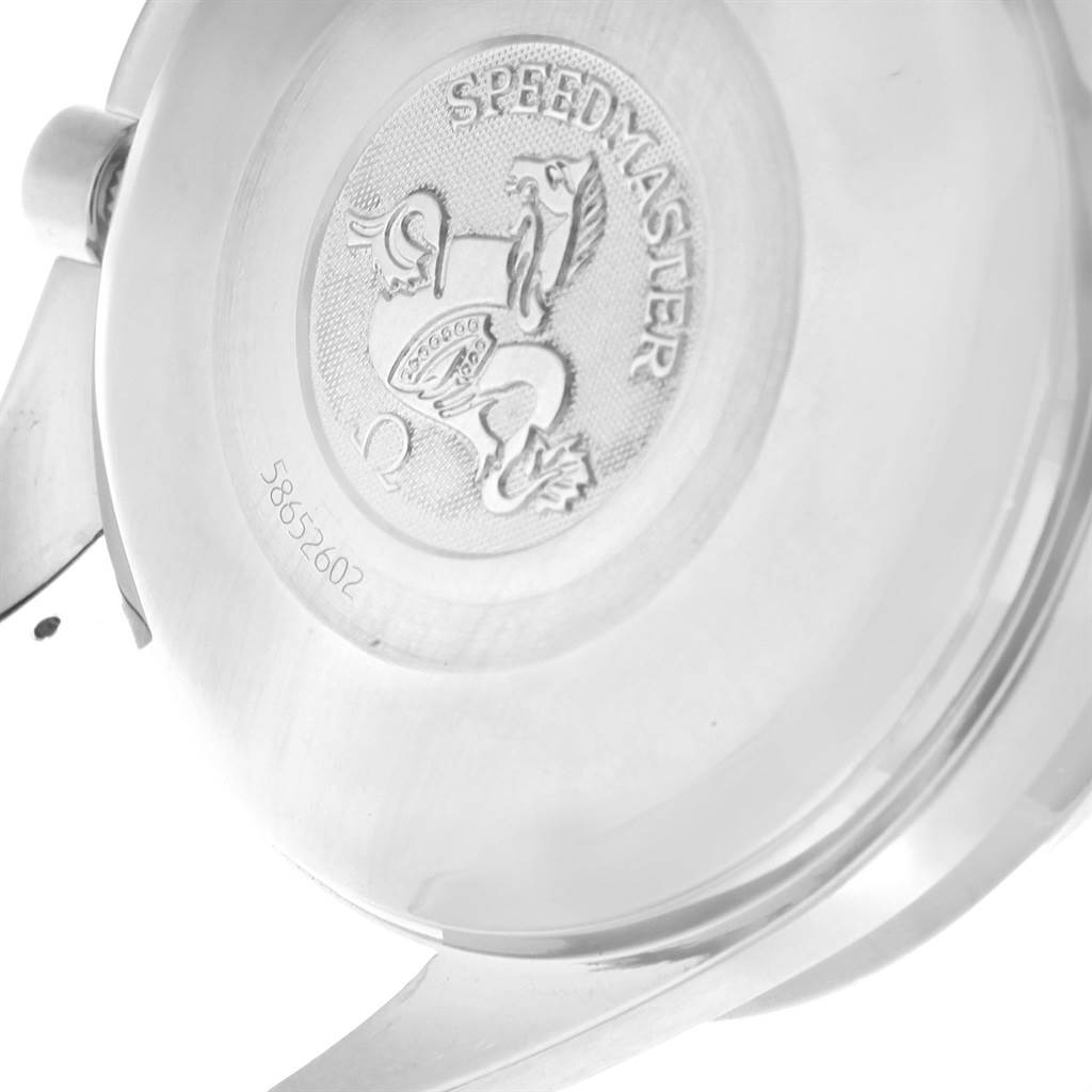 This is the back view of an Omega Speedmaster 3513.50.00 Men
s Stainless Steel Black Dial 3513.50.00 Men
s Stainless Steel Black Dial watch, showing the engraved emblem and model number.