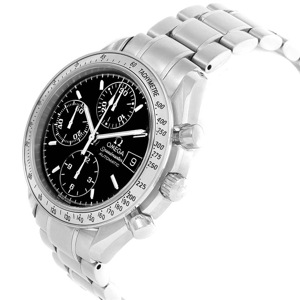 This image shows an Omega Speedmaster 3513.50.00 Men
s Stainless Steel Black Dial 3513.50.00 Men
s Stainless Steel Black Dial watch from a side angle, highlighting the dial, chronograph, tachymeter bezel, and metal bracelet.