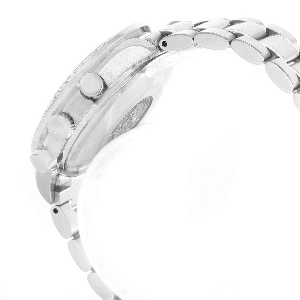 This image shows a side view of an Omega Speedmaster 3513.50.00 Men
s Stainless Steel Black Dial 3513.50.00 Men
s Stainless Steel Black Dial, highlighting its case, crown, pushers, and bracelet.