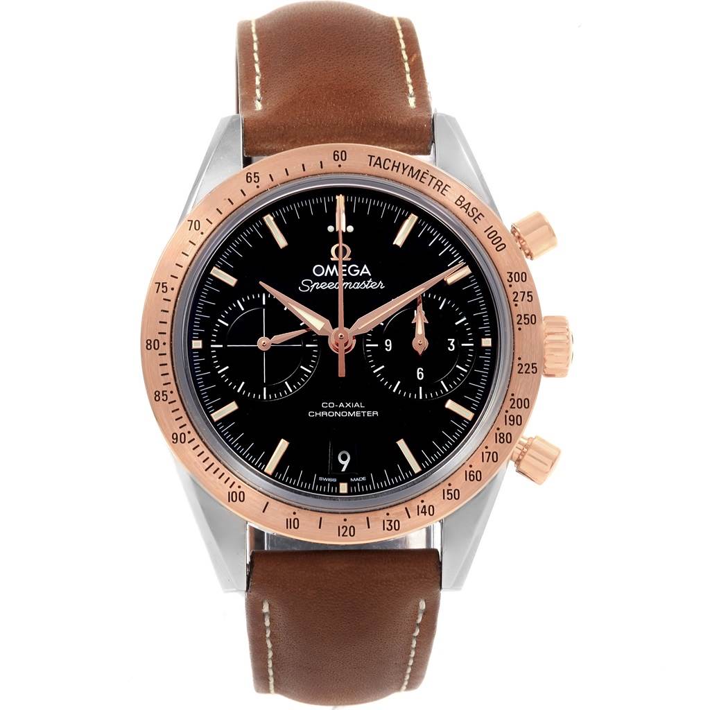 This image shows a frontal view of the Omega Speedmaster 331.22.42.51.01.001 Men's Steel and Gold (two tone) Black Dial 331.22.42.51.01.001 Men's Steel and Gold (two tone) Black Dial watch, highlighting its brown leather strap, black dial, and rose gold bezel.