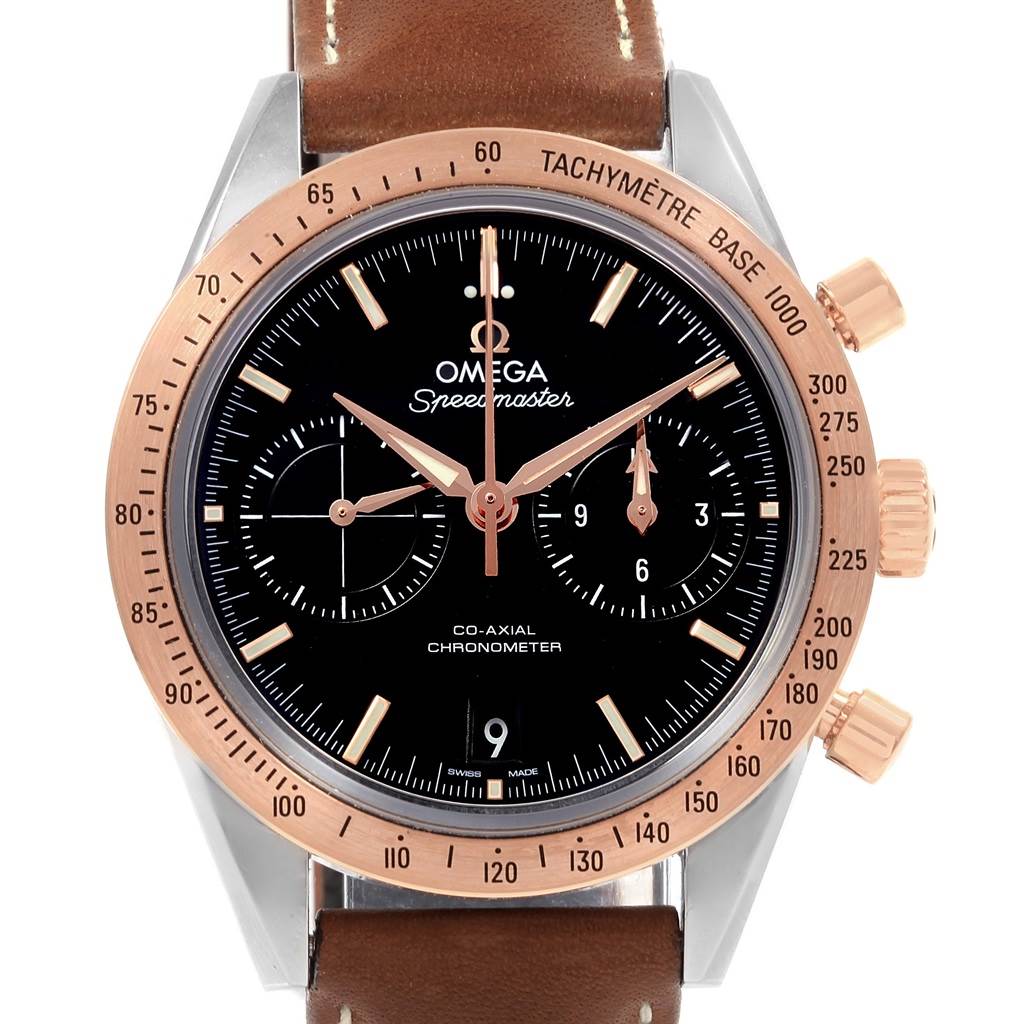 This image shows a front view of the Omega Speedmaster 331.22.42.51.01.001 Men's Steel and Gold (two tone) Black Dial 331.22.42.51.01.001 Men's Steel and Gold (two tone) Black Dial watch, highlighting its dial, bezel, pushers, and brown leather strap.