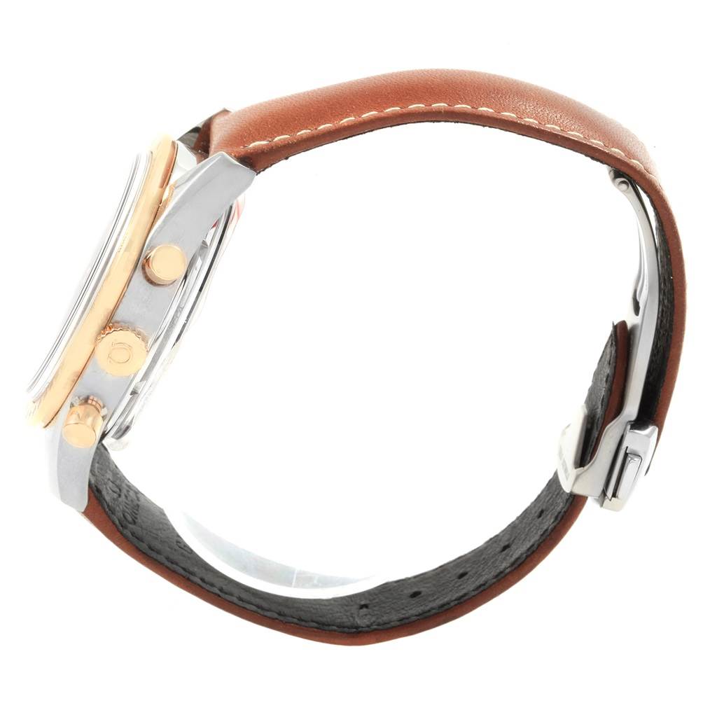 The image shows a side profile of an Omega Speedmaster 331.22.42.51.01.001 Men's Steel and Gold (two tone) Black Dial 331.22.42.51.01.001 Men's Steel and Gold (two tone) Black Dial watch with a brown leather strap and visible chronograph buttons.