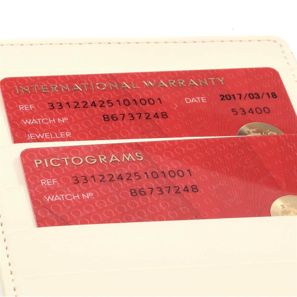 The image shows the international warranty and pictograms cards for the Omega Speedmaster 331.22.42.51.01.001 Men's Steel and Gold (two tone) Black Dial 331.22.42.51.01.001 Men's Steel and Gold (two tone) Black Dial.