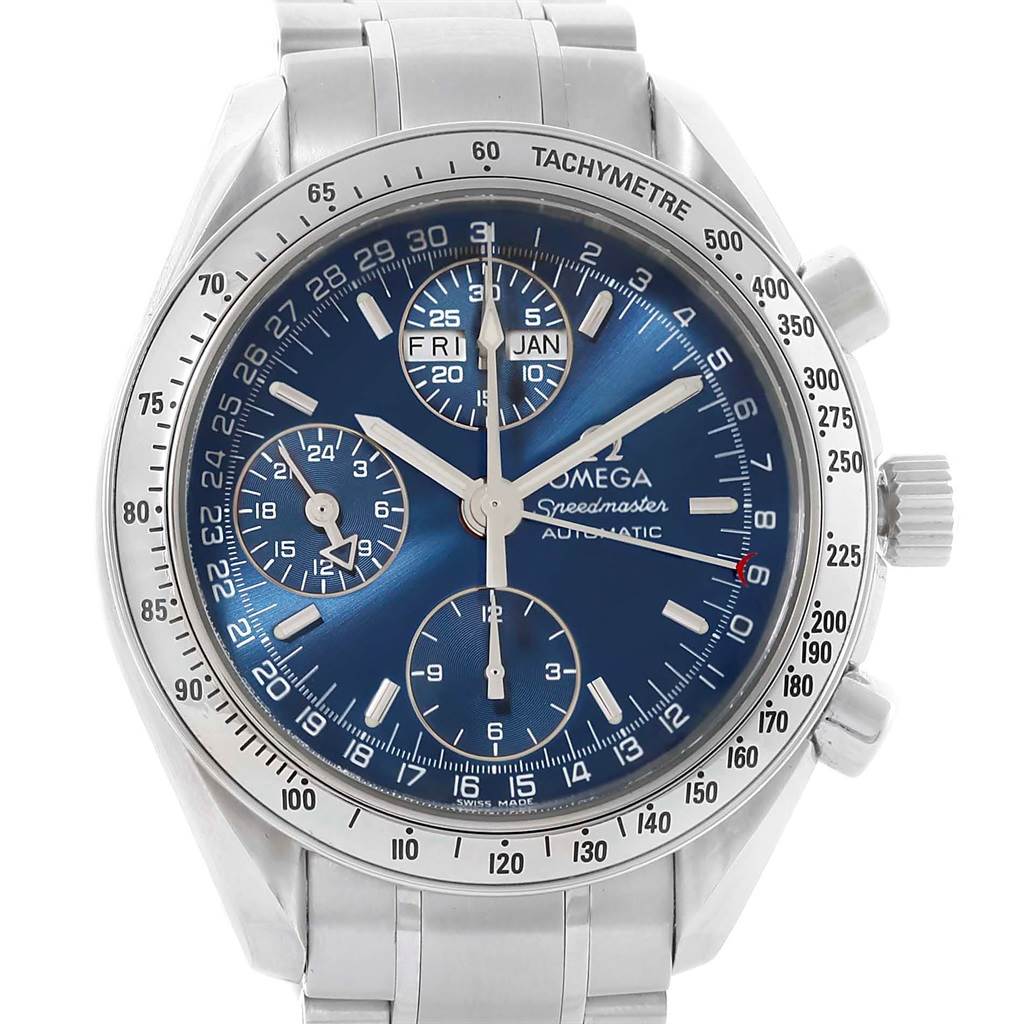 The image shows a frontal view of the Omega Speedmaster 3523.80.00 Men
s Stainless Steel Blue Dial 3523.80.00 Men
s Stainless Steel Blue Dial watch, displaying its dial, chronograph sub-dials, and tachymeter bezel.