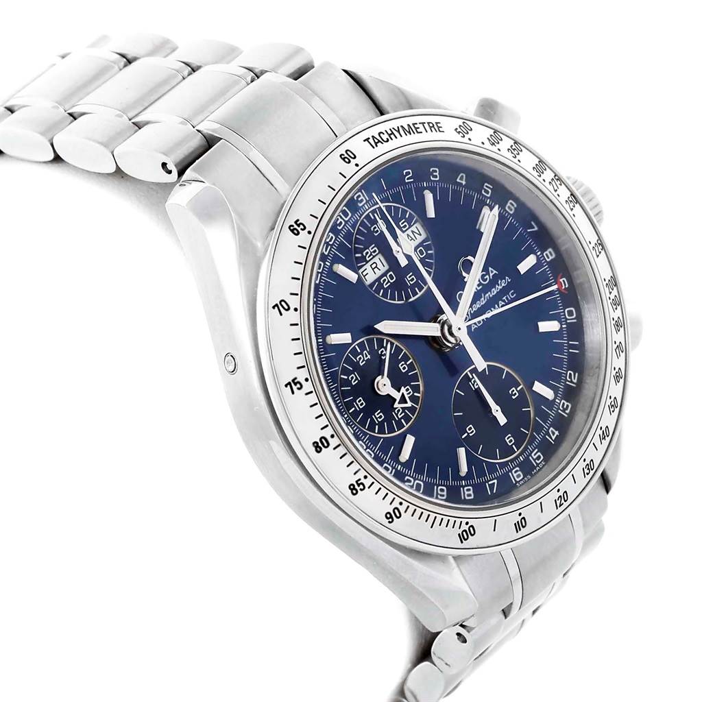 The image shows a side and front angle of the Omega Speedmaster 3523.80.00 Men
s Stainless Steel Blue Dial 3523.80.00 Men
s Stainless Steel Blue Dial watch, highlighting its dial, tachymeter bezel, and metal bracelet.