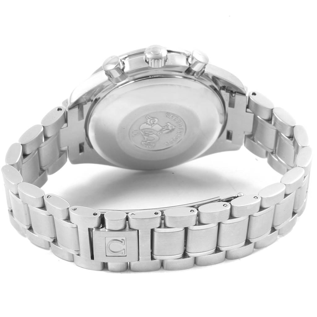 This Omega Speedmaster 3523.80.00 Men
s Stainless Steel Blue Dial 3523.80.00 Men
s Stainless Steel Blue Dial watch is shown from the rear at an angled view, displaying its case back, bracelet, and clasp.