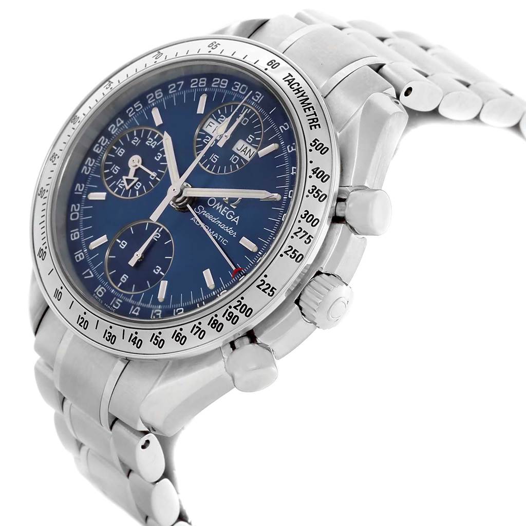 The image shows a side perspective of an Omega Speedmaster 3523.80.00 Men
s Stainless Steel Blue Dial 3523.80.00 Men
s Stainless Steel Blue Dial watch, highlighting its dial, tachymeter bezel, and metal bracelet.