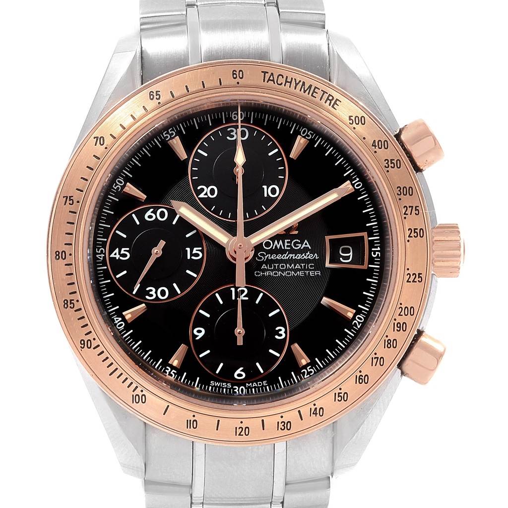 The image shows a front view of an Omega Speedmaster 323.21.40.40.01.001 Men
s Stainless Steel Black Dial 323.21.40.40.01.001 Men
s Stainless Steel Black Dial watch, highlighting its face, bezel, crown, pushers, and metal bracelet.