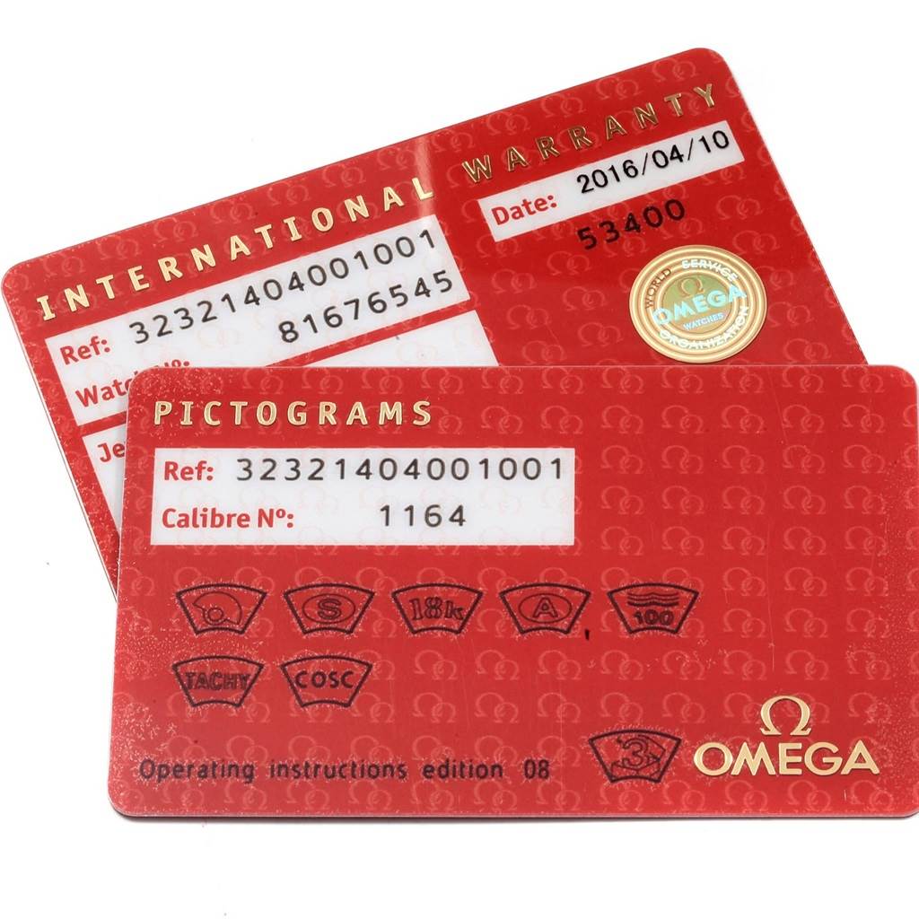 The image shows two Omega Speedmaster 323.21.40.40.01.001 Men
s Stainless Steel Black Dial 323.21.40.40.01.001 Men
s Stainless Steel Black Dial International Warranty and Pictogram cards angled slightly and overlapping.