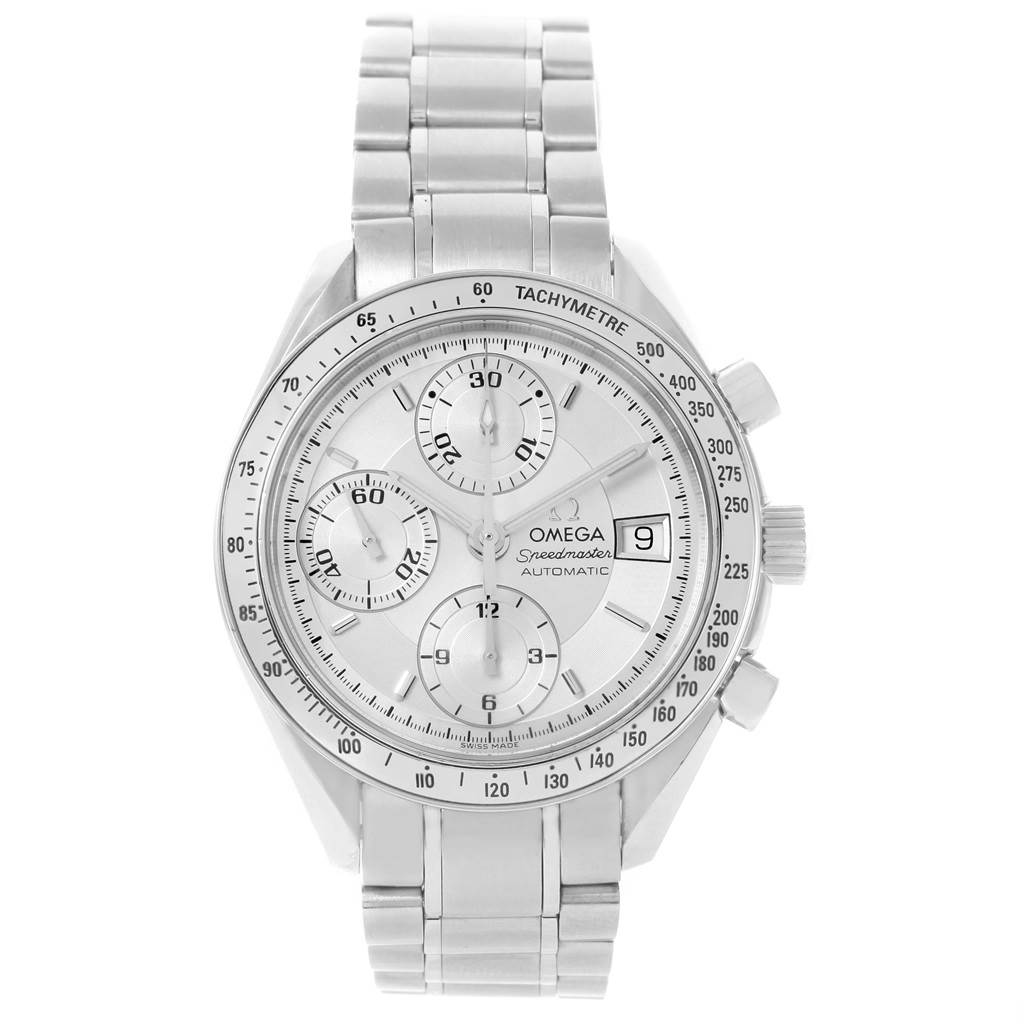 This image shows a front view of the Omega Speedmaster 3513.30.00 Men
s Stainless Steel Silver Dial 3513.30.00 Men
s Stainless Steel Silver Dial watch displaying its dial, tachymeter, date window, and stainless steel bracelet.