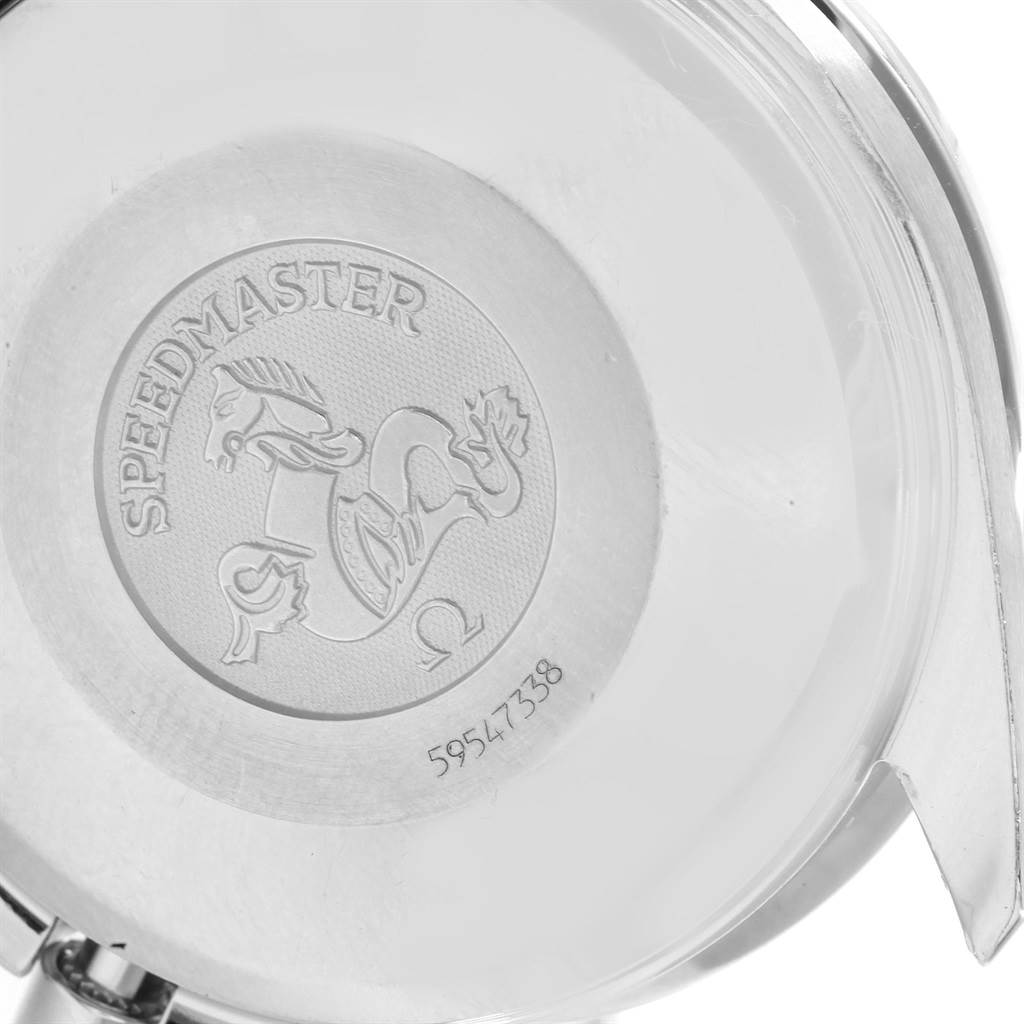 The image shows the case back of an Omega Speedmaster 3513.30.00 Men
s Stainless Steel Silver Dial 3513.30.00 Men
s Stainless Steel Silver Dial watch, featuring the Omega logo, Speedmaster engraving, and the serial number.