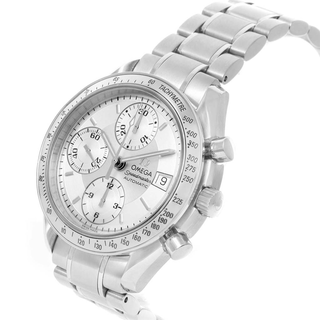 The image shows a side angle of the Omega Speedmaster 3513.30.00 Men
s Stainless Steel Silver Dial 3513.30.00 Men
s Stainless Steel Silver Dial watch, highlighting its tachymeter bezel, subdials, and metal bracelet.