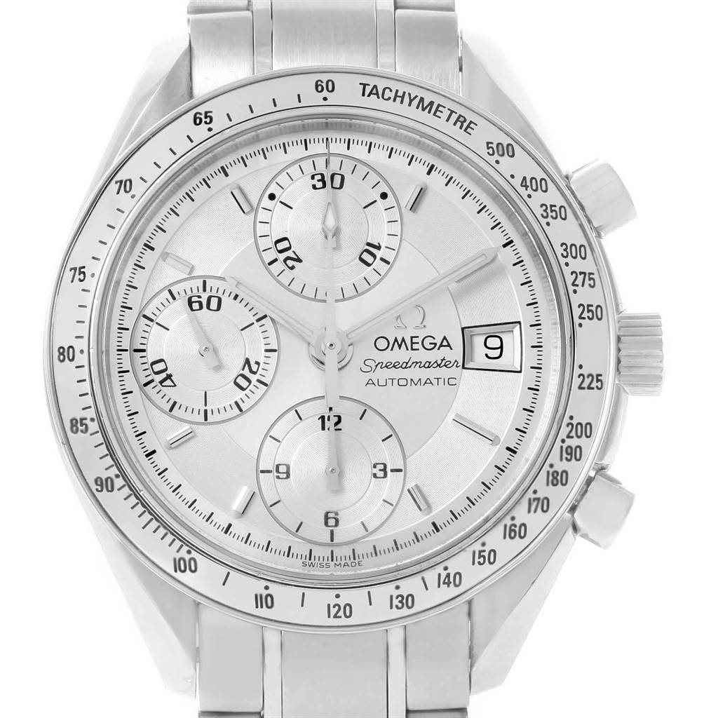 This image shows a frontal view of the Omega Speedmaster 3513.30.00 Men
s Stainless Steel Silver Dial 3513.30.00 Men
s Stainless Steel Silver Dial watch, highlighting its dial, subdials, tachymeter, and bracelet.