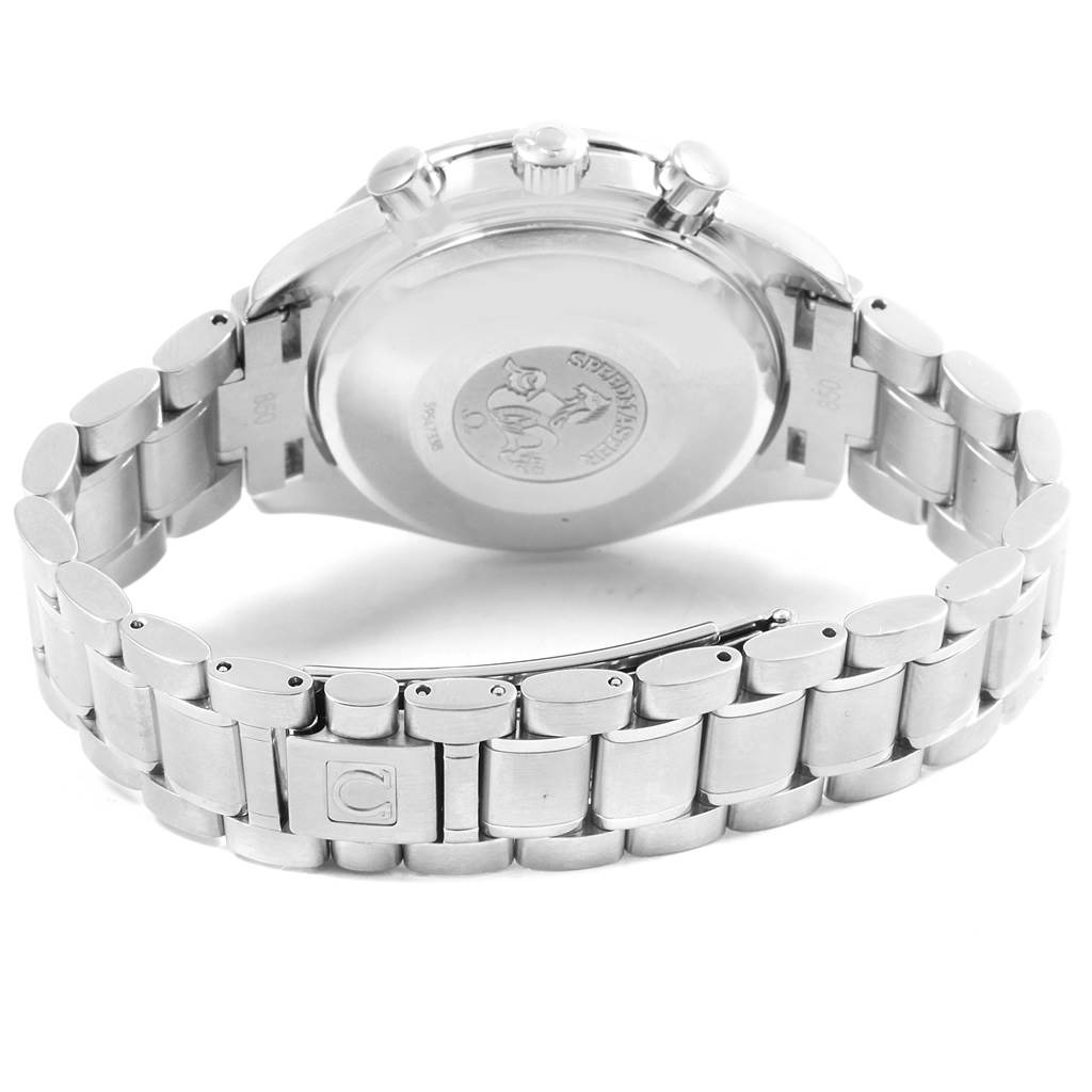 The image shows the back view of an Omega Speedmaster 3513.30.00 Men
s Stainless Steel Silver Dial 3513.30.00 Men
s Stainless Steel Silver Dial watch highlighting the case back and metal bracelet.