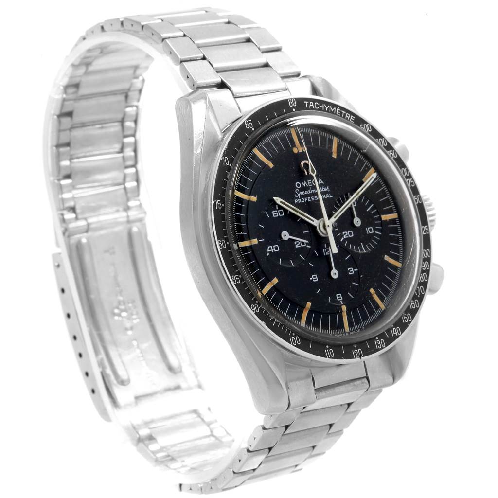 The Omega Speedmaster 145.012 Men
s Stainless Steel Black Dial 145.012 Men
s Stainless Steel Black Dial watch is shown at an angle highlighting the face, case, and a portion of the metal bracelet.